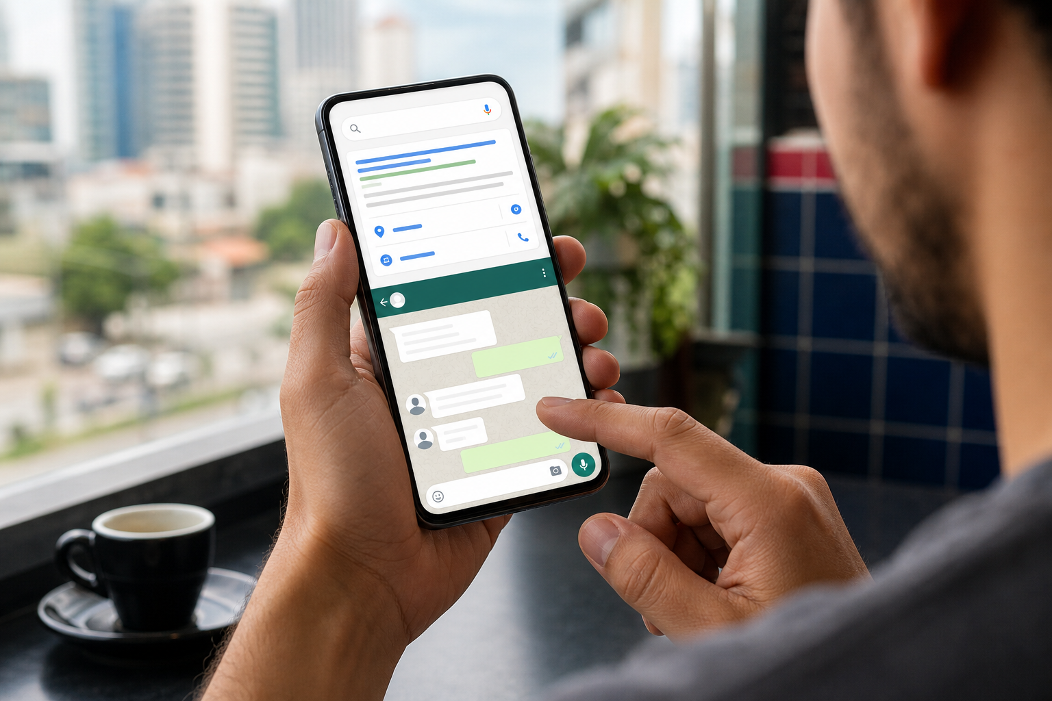 Cliente buscando advogado no celular e entrando em contato pelo WhatsApp