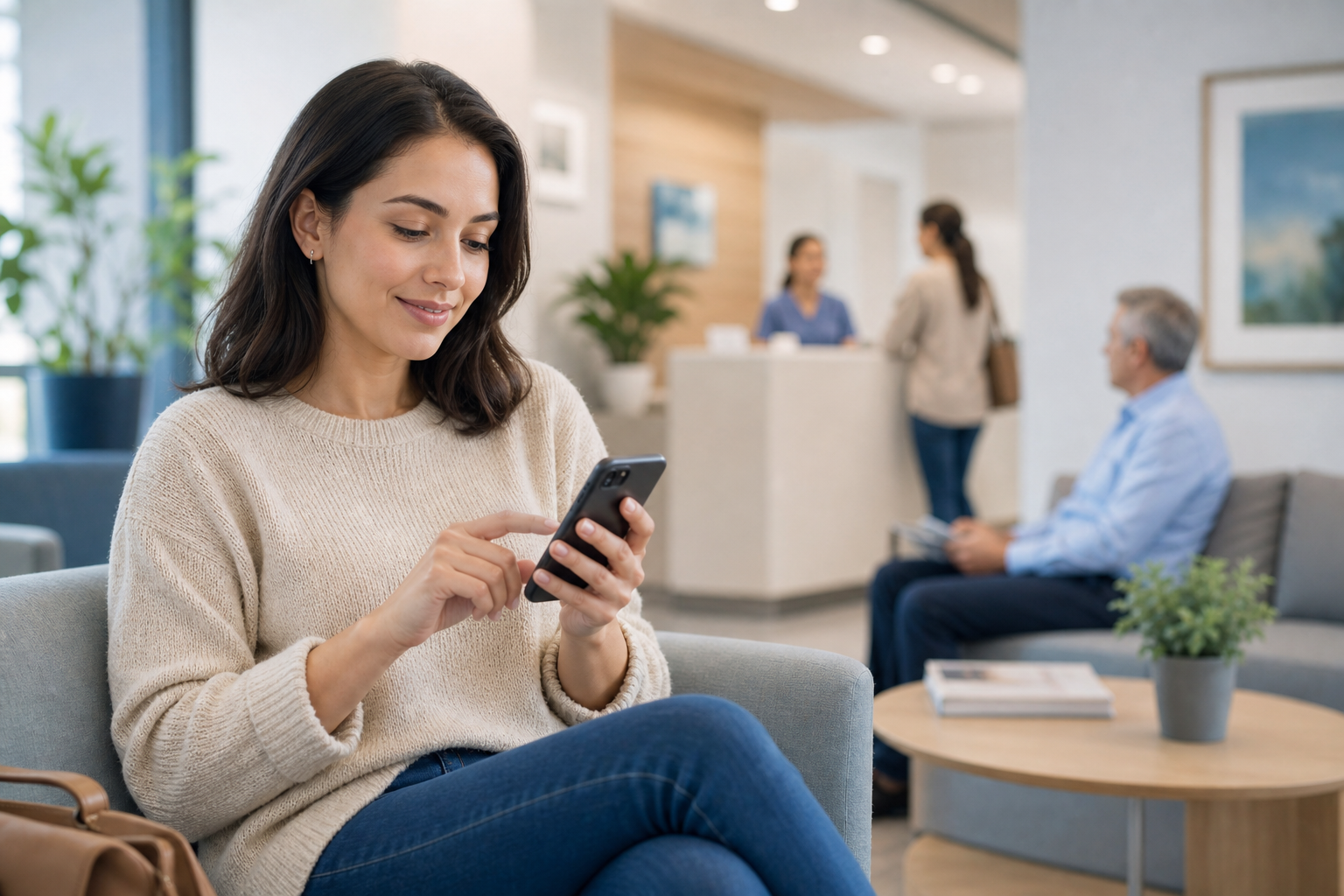 Paciente agendando consulta em clínica pelo smartphone na recepção