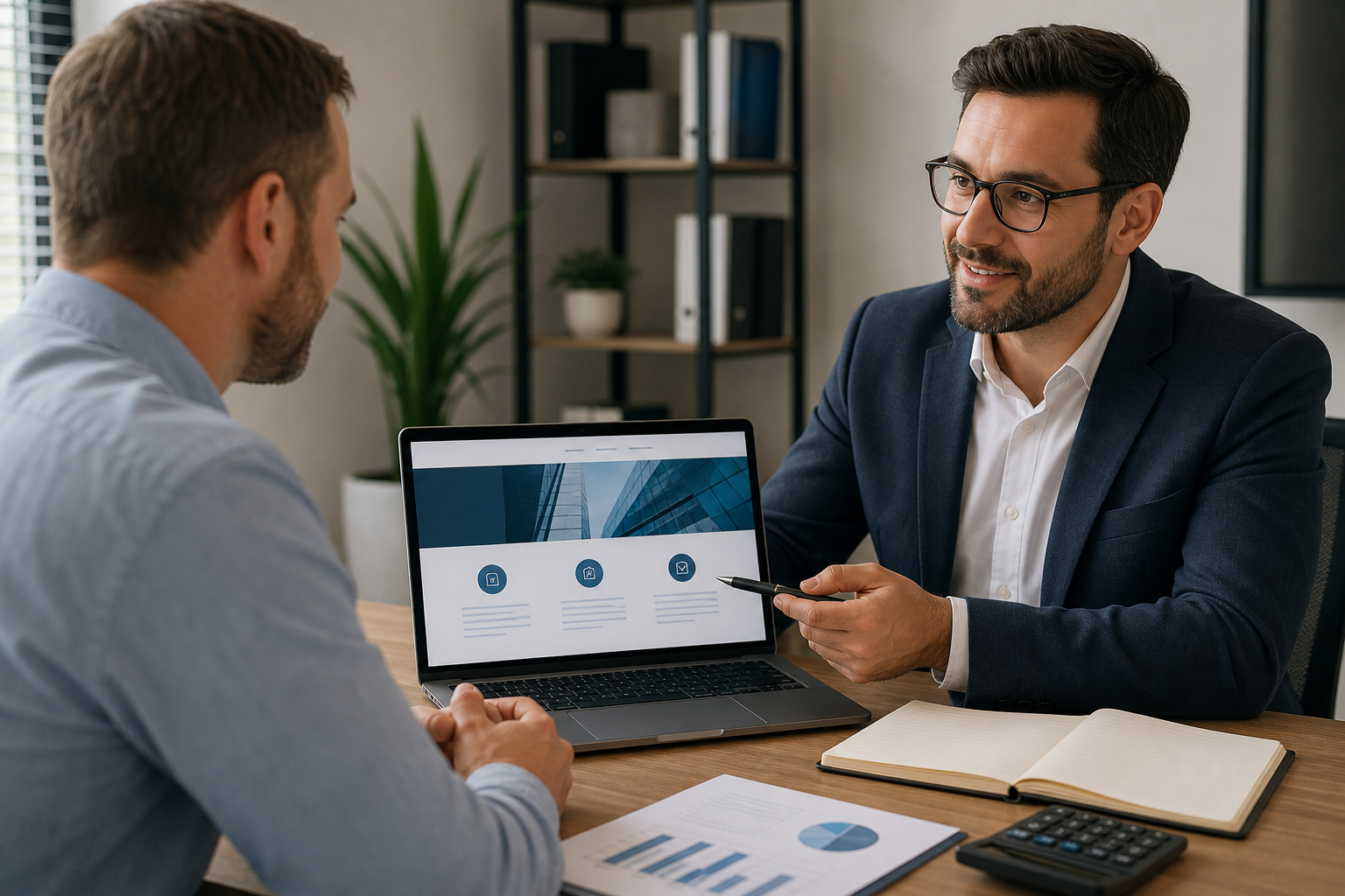 Empresário em reunião com contador e site profissional no notebook