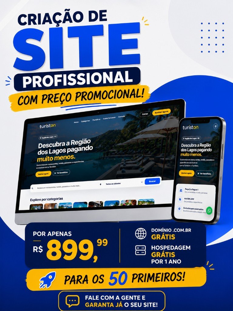 Flyer da promoção de criação de site profissional por R$ 899,99 com domínio e hospedagem grátis para os 50 primeiros