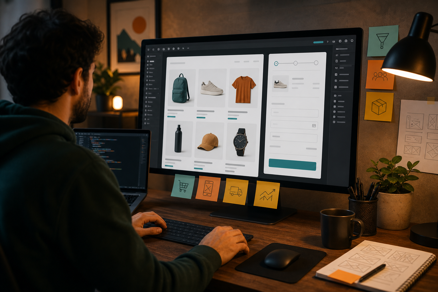 Mesa de desenvolvedor com monitor exibindo layout de loja virtual e planejamento de conversão de e-commerce