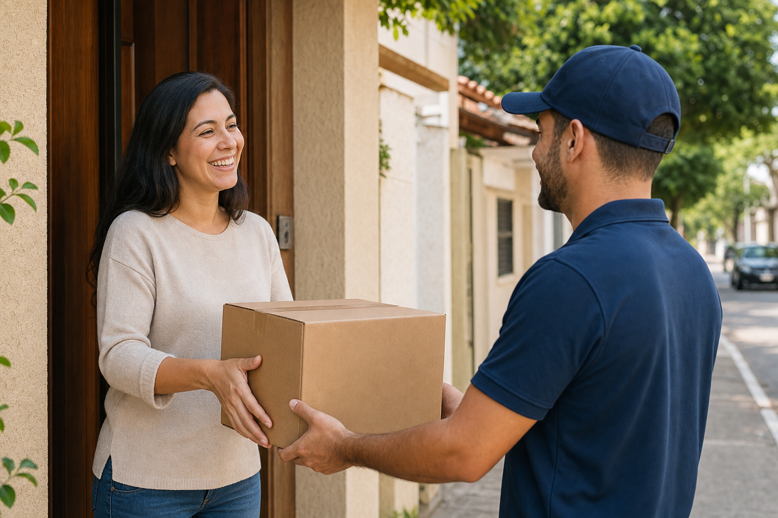 Entregador entregando pacote na porta de casa ilustrando pagamento na entrega e confiança na compra online