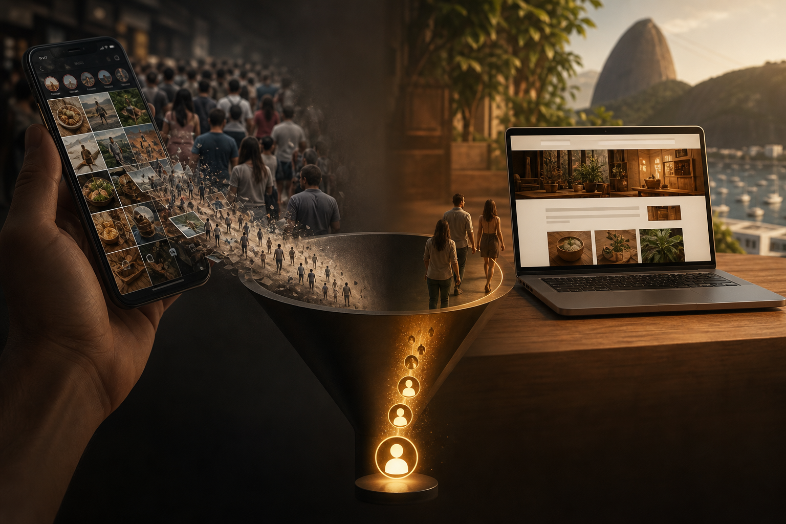 Comparação visual: feed de Instagram disperso versus landing page focada em converter leads