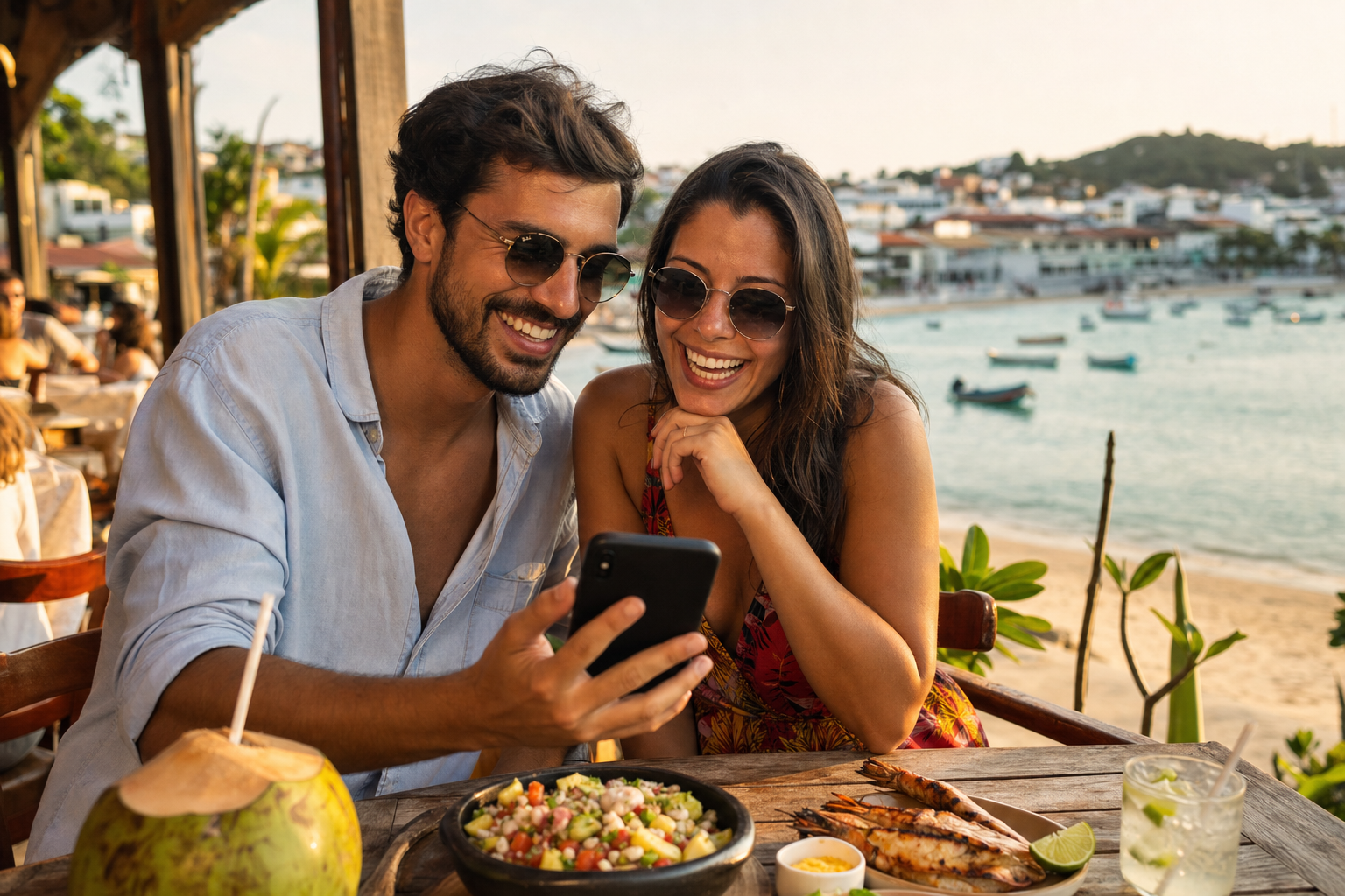 Casal em restaurante à beira-mar usando o celular para aproveitar benefício de desconto do clube Turiston