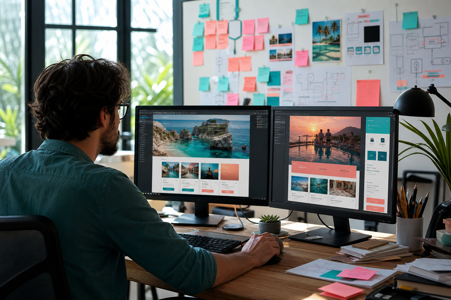 Estação de trabalho de desenvolvedor web com monitores exibindo interface de site de clube de benefícios e fluxos de assinatura